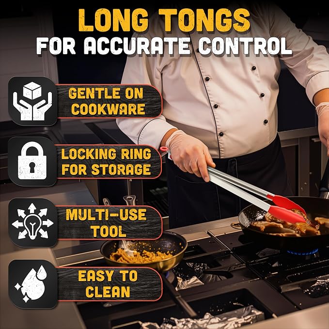 17.3" Extra Long Tongs with Silicone Tip & Stainless Steel Frame — BBQ Tongs for Grilling & Serving, Summer Kitchen Tool for BBQ Steaks, Burgers & Veggies — Outdoor Salad Server with Non-Slip Grip