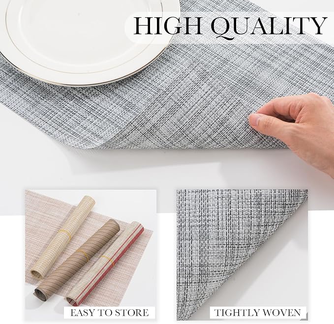 BACKTOEDEN Placemats Set of 6 Heat Resistant Washable Wipeable Placemat Woven Non-Slip Foldable Vinyl/Plastic Place Mats Indoor/Outdoor Mat Kitchen Dining Table Pad, Gray