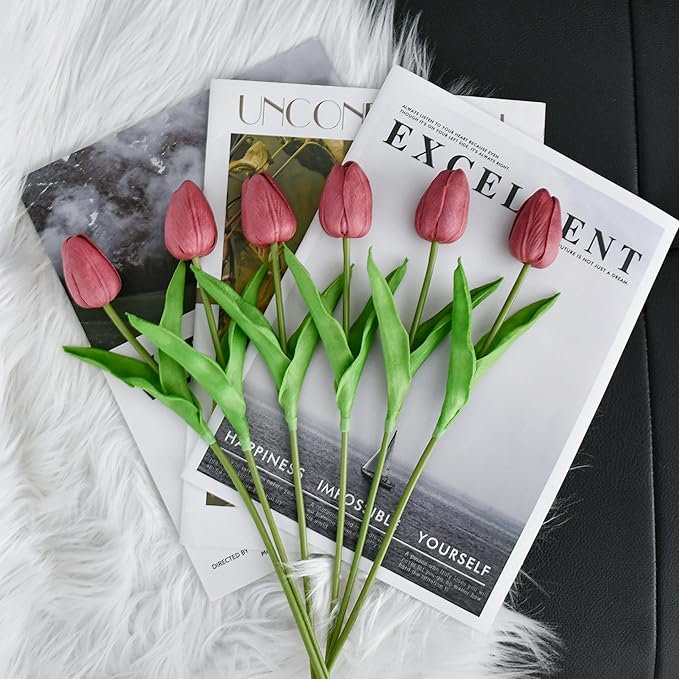 Mandy's Mauve Artificial Tulips Flowers Centerpiece, 13.5" Lifelike PU Fake Floral Stems 20pcs for Kitchen Island & Dining Table, Spring Decor for Easter