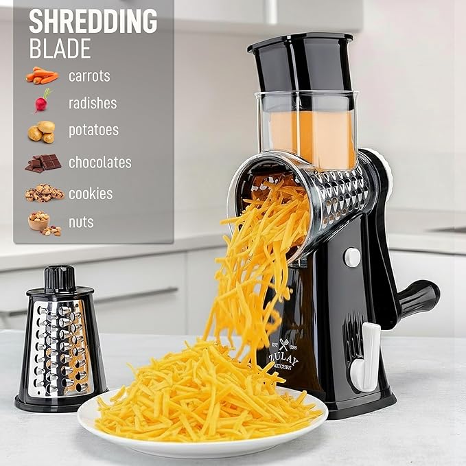 Zulay Kitchen Rotary Cheese Grater 5 Blade Cheese Shredder - Manual Hand Crank Cheese Grater With Reinforced Suction & 5 Interchangeable Drums - Easy to Use, Vegetable Chopper Round Mandoline Slicer