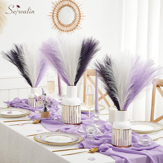 Serwalin 𝟲𝟬𝗽𝗰𝘀 Pampas Grass Decor, 𝟭𝟳.𝟳𝗜𝗻𝗰𝗵 Pampas Grass Home Decor, Faux Pampas Grass Boho Decor, Purple DIY Artificial Plants Fluffy, Pampas Decoration Vase Filler, Table Centerpieces