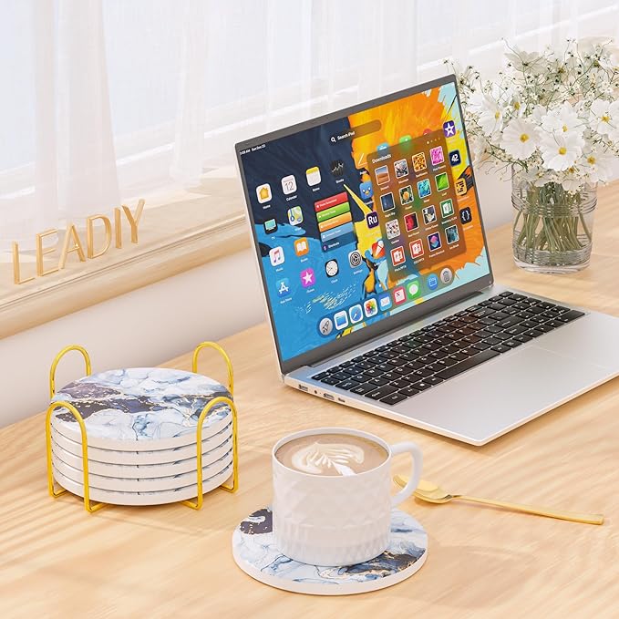 6Pcs/Set Marble Abstract Ceramic Coasters with Holder, Absorbent Drink Coasters, Coffee Cup Coaster,Round Ceramic Table Coasters Set Decorative