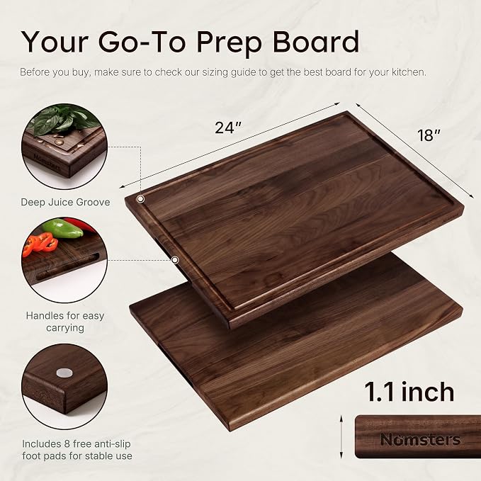 24 Inch Luxury American Black Walnut Wood Cutting Boards for Kitchen, Extra Large Reversible Wooden Cutting Board, Solid Hardwood Charcuterie Board Butcher Block Made in USA Gourmet Kitchen Gift