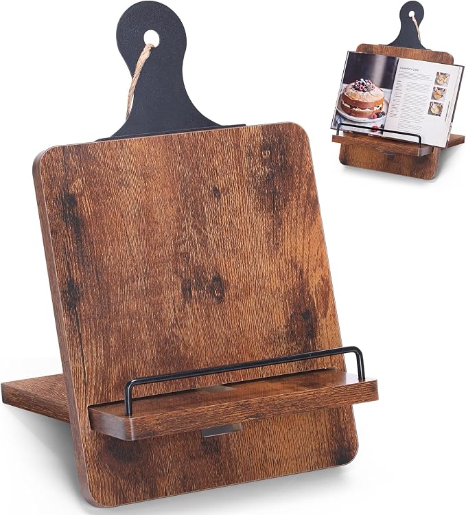 Wenqik Rustic Wooden Cookbook Stand with Charging Slot, Farmhouse Adjustable Recipe Book Holder for Kitchen Counter Tablet Magazine Display, Gifts for Chef Mom Dad Cooking Lover