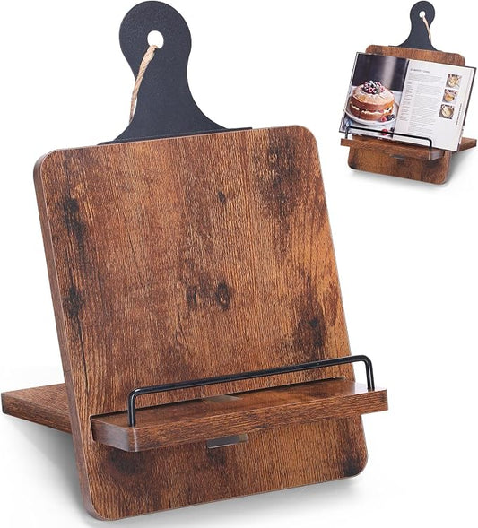 Wenqik Rustic Wooden Cookbook Stand with Charging Slot, Farmhouse Adjustable Recipe Book Holder for Kitchen Counter Tablet Magazine Display, Gifts for Chef Mom Dad Cooking Lover
