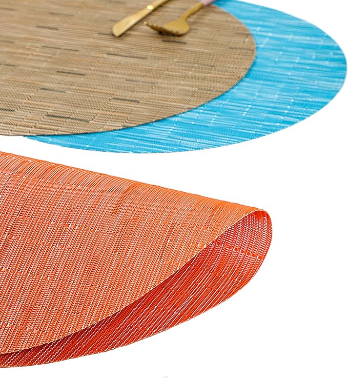Round Placemats Set of 4 Woven Table Mats Washable Non-Slip Place Mats 13.8 Inch for Christmas Decoration Home Wedding Party,Brown