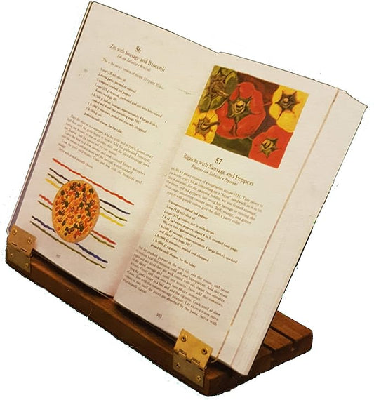 Original Hinged Cookbook Holder - Acrylic Shield With Wood Base and Brass Plated Hinges - Made in the USA