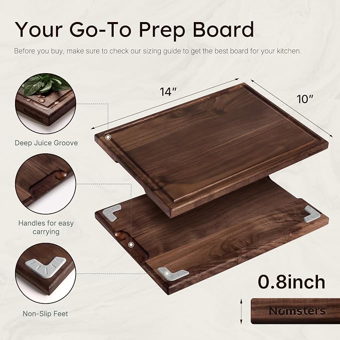 Black Walnut Wood Cutting Boards for Kitchen, 14 Inch Reversible Wooden Cutting Board, Handcraft Solid Hardwood Medium Charcuterie Board Butcher Block Made in USA Kitchen Gift
