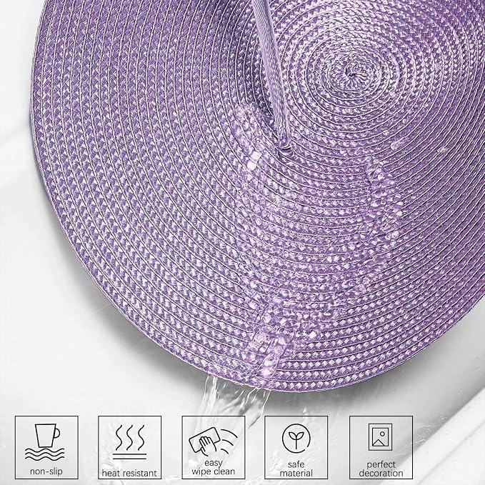 AHHFSMEI Round Placemats Set of 6 Heat Resistant Washable Non-Slip Woven Braided Table Mats for Dining Table Kitchen & Home Decori (Lavender Purple, 6)