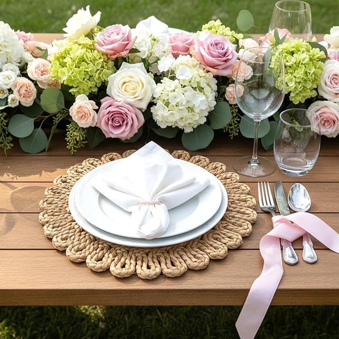 11.8" Corn Husk Woven Round Placemats Set of 6 - Wicker Boho Farmhouse Placemats - Rattan Table Mats for Dining Table, Wedding, Home