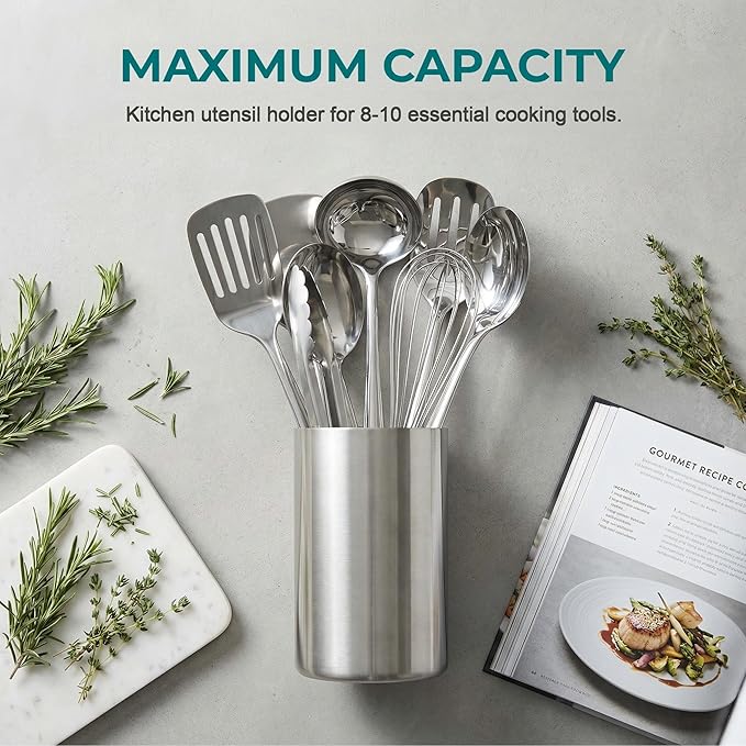Kitchen Utensil Holder for Countertop, 304 Stainless Steel Double Wall Cooking Tool Caddy, Brushed Finish Spatula Spoon Organizer Crock, Large Capacity, Silver