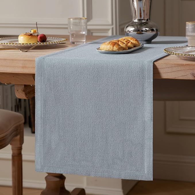 ZeeMart Burlap Style Farmhouse Table Runners 72 Inches Long, Dusty Blue Rustic Woven Dining Table Runner for Everyday Use, 14x72 Inches, Light Dusty Blue