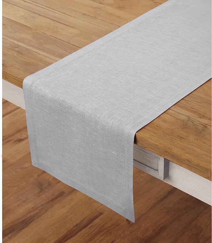 Solino Home Linen Soft Grey Table Runner 108 Inches Long - 100% Pure Linen 14 x 108 Inch Table Runner for Spring, Summer - Fete