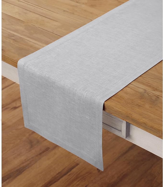 Solino Home Linen Soft Grey Table Runner 120 Inches Long - 100% Pure Linen 14 x 120 Inch Table Runner for Spring, Summer - Fete
