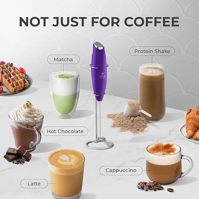 Zulay Kitchen Powerful Milk Frother Wand With Duracell Batteries - Ultra Fast Handheld Drink Mixer - Electric Whisk Foam Maker for Coffee, Lattes, Cappuccino & Matcha - Z1 Motor - Grape