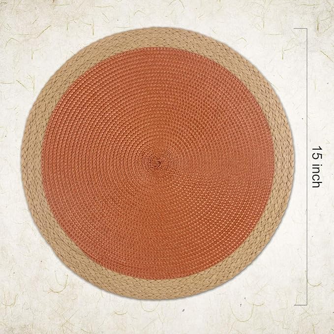 Noctiflorous Braided Round Placemats Set of 6, 15 Inch Woven Table Mats, Non-Slip Washable Wide Edge Place Mats for Kitchen Dining Table Decor (Dark Orange, 6)