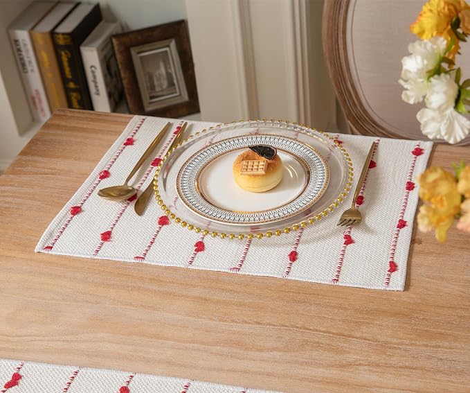 Christmas Valentines Placemats Set of 4, Cotton Linen Woven Table Mats for Modern Dining Table, 13x19 Inch Rustic Kitchen Valentine's Day Decorations Red Place Mats