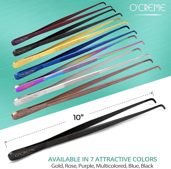 O'Creme Stainless Steel Precision Kitchen Tweezer Tongs with Serrated Tips for Gripping (10" Curved, Gold)