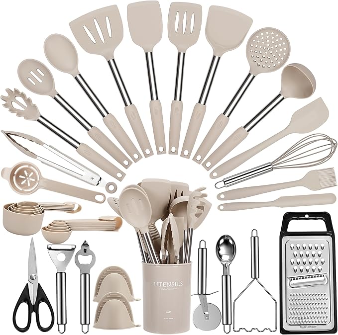 Cooking Utensils Set, 35Pcs Silicone Kitchen Utensils Set with Holder, 446°F Heat Resistant Food Grade Spatula Set, BPA Free Kitchen Gadgets for Non-stick Cookware, Easy to Clean (Khaki)