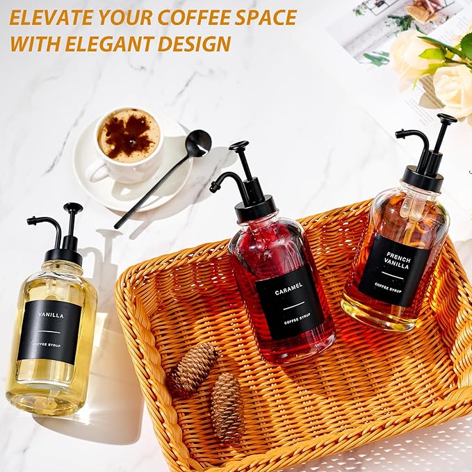 Coffee Syrup Dispenser for Bar, Glass Syrup Bottle with Pump, Coffee Pump Dispenser Bottle, Spoon for Station,16.9 oz, 500 ml