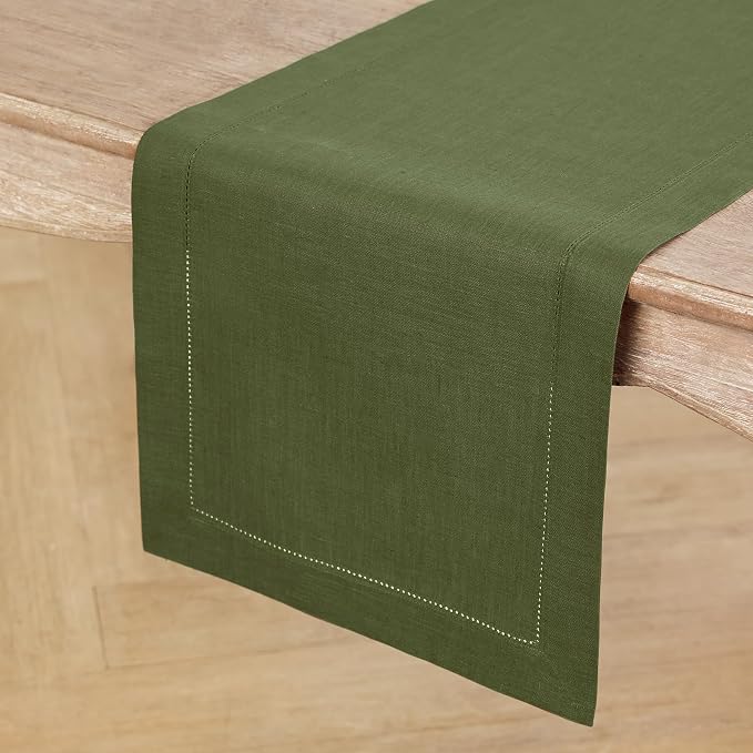 Solino Home Linen Olive Table Runner 120 Inches Long - 100% Pure Linen Hemstitch 14 x 120 Inch Table Runner for Dining - Classic Hemstitch