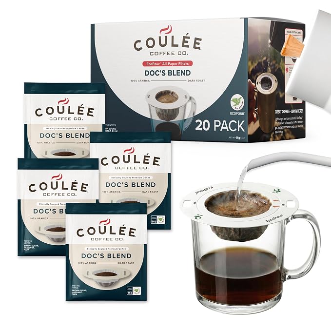 EcoPour Doc's Blend Coffee, Single Serve Pour Over Arabic Coffee, Dark Roast, Use for Camping or Traveling, Pre Filled Compostable, All Paper Filters, Ready to Brew with Hot Water, 20 Pack