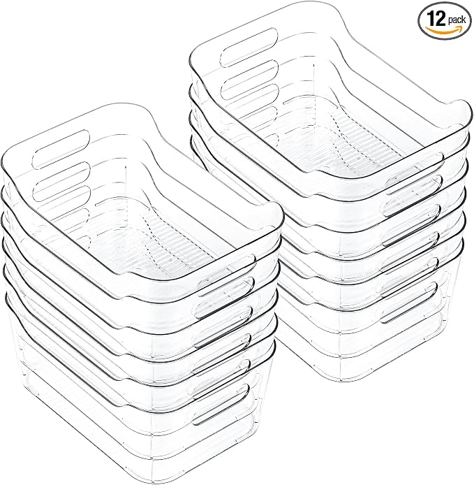 CiWiVOKi 12 Pack Clear Plastic Storage Bins, Acrylic Organizer and Containers with Handle for Pantry, Cabinet, Closet, Refrigerator, Freezer, Bathroom, Kitchen Under Sink Storage