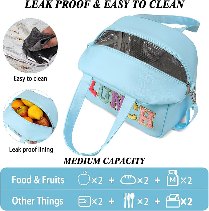 Lunch Bag for Women Personalized Insulated Lunch Box for Adults with Adjustable Shoulder Strap Cute Reusable Freezable Lunchbox Cooler Tote for Office Work Picnic Beach (Blue)