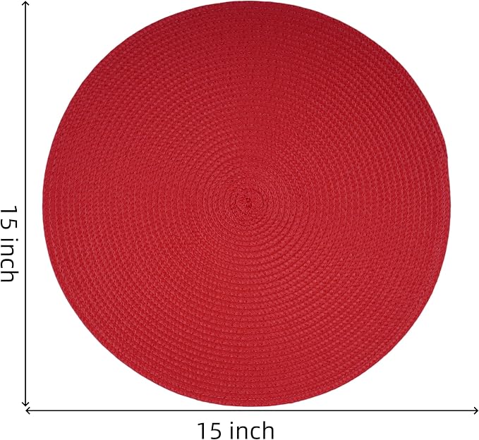 Round Braided Placemats Set of 6 Washable Easy to Clean Place Mats for Dining Tables Woven Non-Slip Heat Resistant Table Mats 15 Inch (Red)