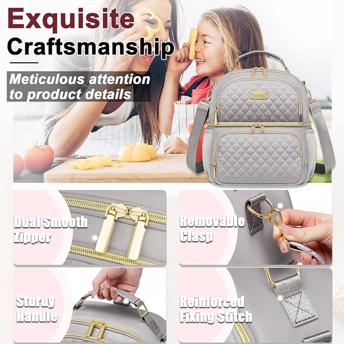 Weitars Lunch Bag for Women,Dual Compartment Lunch Box for Women Lunch Tote for Work,Insulated Leakproof Lunch Cooler Bag with Side Pockets and Adjustable Strap for Hiking,Picnic,Beach