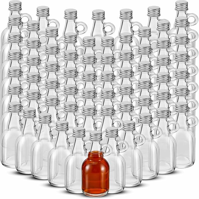 Suclain 64 Pcs 1.7oz Mini Glass Syrup Bottles Small Syrup Jars with Loop Handle and Lids Clear Glass Reusable Maple Jars Container Stout Sample Bottle for Potion Juice Milk Storage Sauce Oil