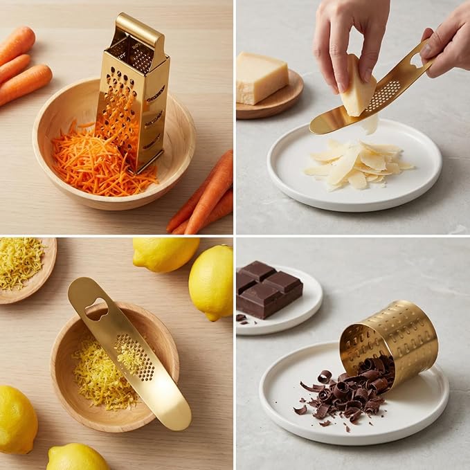Box Grater 4pcs Set - Gold Color with Container, Stainless Steel Garlic Press、Corn Peeler & Peelers for Fruits, Vegetables,box cheese grater stainless steel