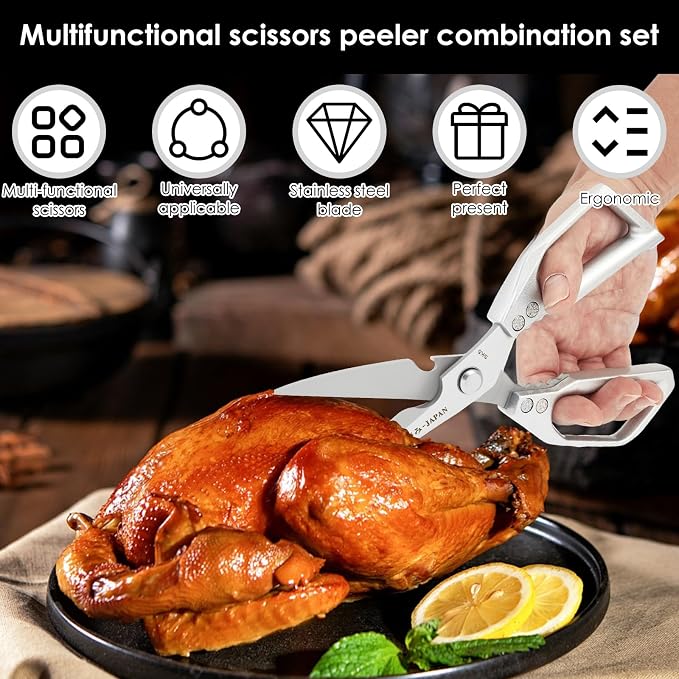 3Pcs Kitchen Shears and Vegetable Peeler Set, Heavy Duty Poultry Shears, Japanese Kitchen Scissors All Purpose, Food Cooking Scissors for Meat, Chicken Bones, Turkey, and Fish, Dishwasher Safe