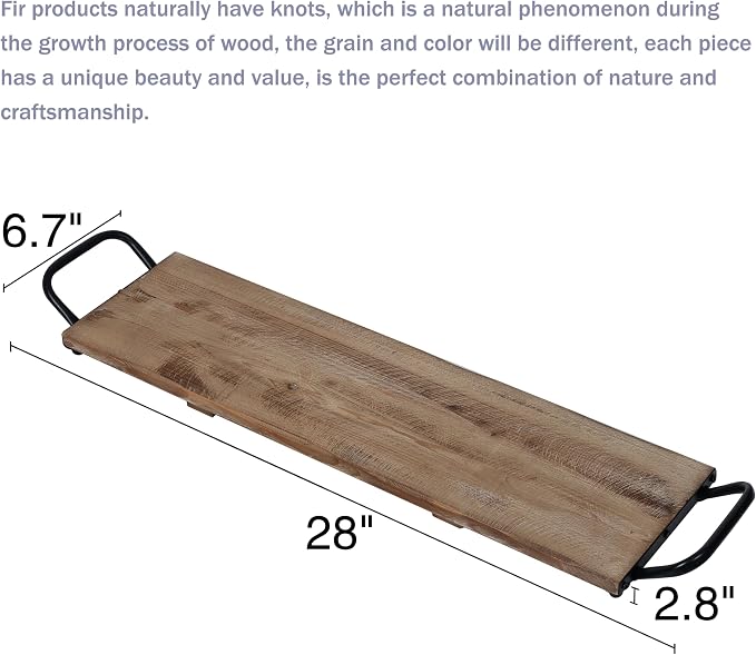 SOFE Rectangular Long Narrow Tray Table Centerpiece - Wood Serving Tray with Handles - 25 Inch Large Serving Platters for Entertaining - Rustic Wood Decorative Tray for Home Room Decor