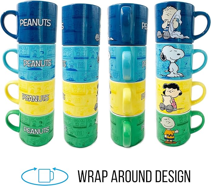 Silver Buffalo Peanuts Comic Strip 4-Pack Ceramic Mug Stack, 10-Ounces
