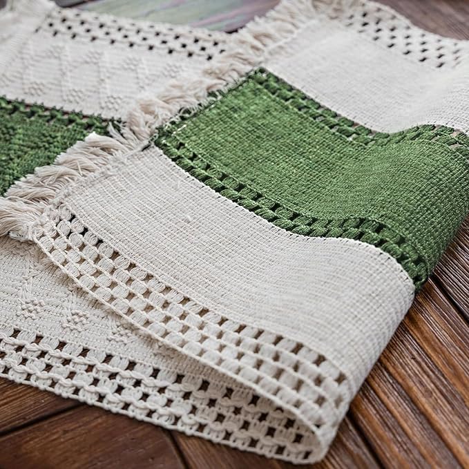 Macrame Table Runner Cream Beige and Green Boho Table Runners with Tassels Hand Woven Cotton Table Runner Rustic Farmhouse Table Runners for Bohemian Kitchen Dining Table(12x36in)