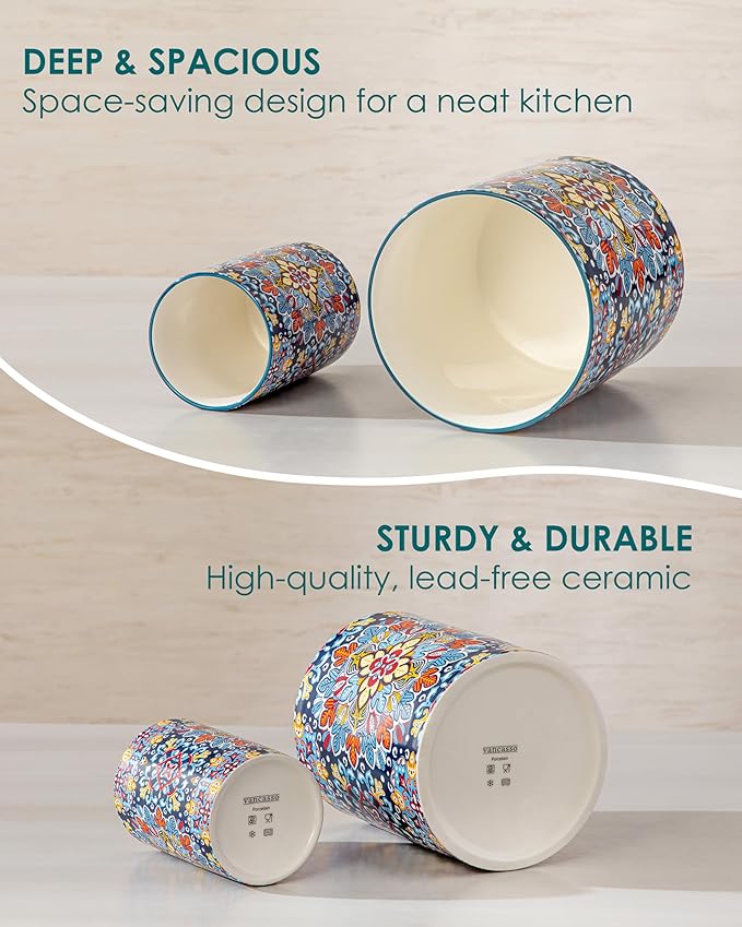 vancasso SIMI Utensil Holder, 7.3"+5.5" Porcelain Kitchen Utensil Holder for Countertop, Bohemian Kitchen Utensil Organizer for Spatulas, Spoons, Decorative Counter Utensil Crock, Twilight Bloom