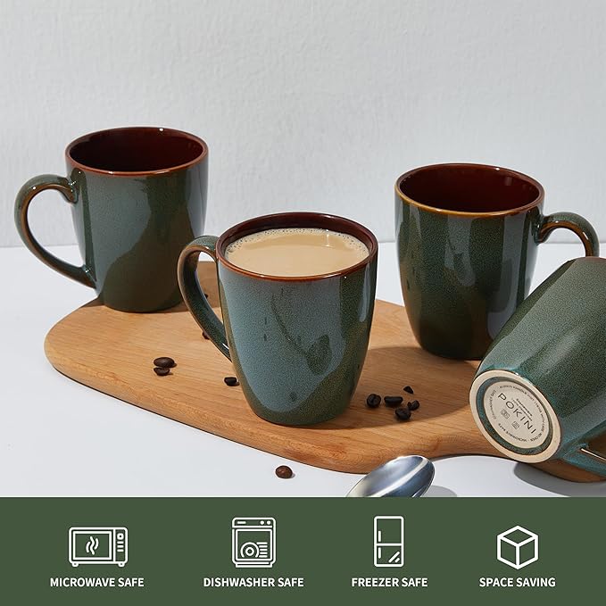 Pokini Coffee Mug 14 oz, Ceramic Coffee Mugs Set of 6, Reactive Glaze Mug for Latte/Tea/Cappuccino, Large Stackable Mug Set for Men, Women, Dad, Mom, Dishwasher & Microwave Safe, Brown Green