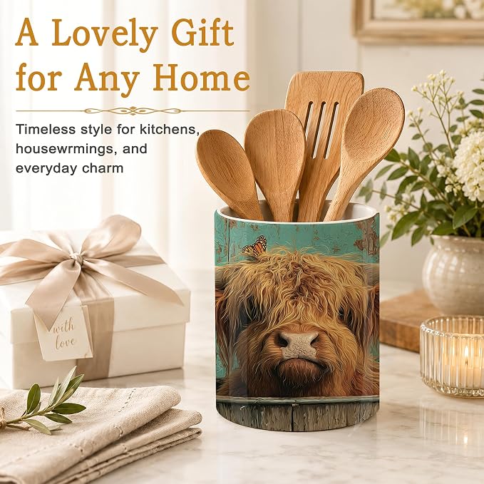 Highland Cow Utensil Holder for Countertop,Sunflower Butterfly Ceramic Utensil Crock Organizer for Home Kitchen Spoons,Spatulas and Cooking Tools
