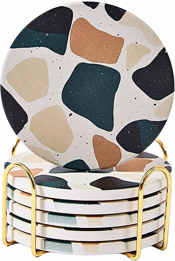 Terrazzo Coasters Set of 6, Ceramic Absorbent Drink Coasters, Cute Mid Century Boho Coaster, Coffee Table Desk Decor, Colorful Stone Coaster for Drinks
