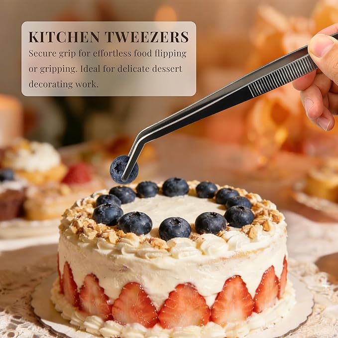 Kitchen Tweezers Tongs Set of 4, Stainless Steel Cooking Utensils, Straight & Bent Tip, Chef Tools (7.9″+ 9.8″+11.8″)