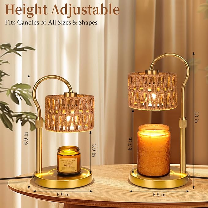 Candle Warmer Lamp,Adjustable Height with 2 Bulbs，Boho Rattan Candle Lamp with Dimmer & Timer, Flameless Fragrance Diffuser for Scented Wax Melts, Mothers Day and Birthday Gifts for Home, Office