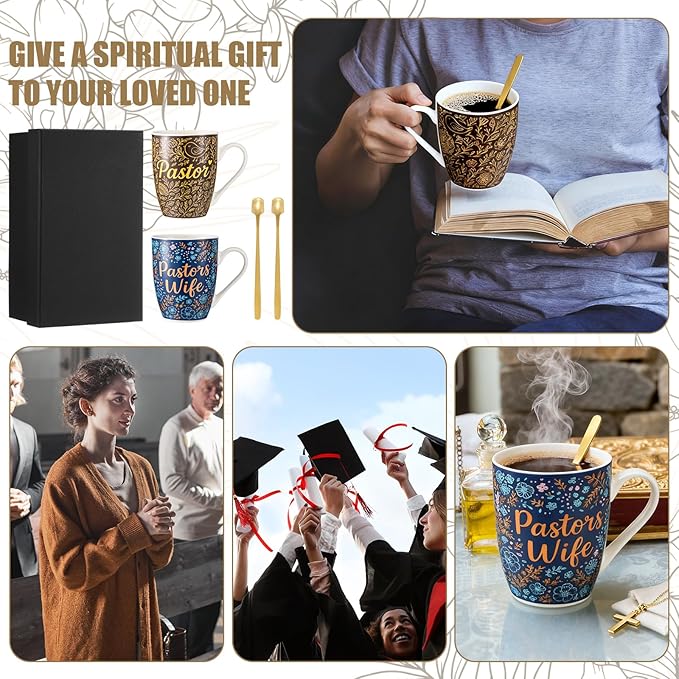 Shellwei 2 Sets Pastor and Wife Appreciation Gifts Stoneware Coffee Mugs with Gift Box Golden Coffee Spoons Pastor Gifts for Men Women Thanksgiving Christmas Christian Present (Fresh)