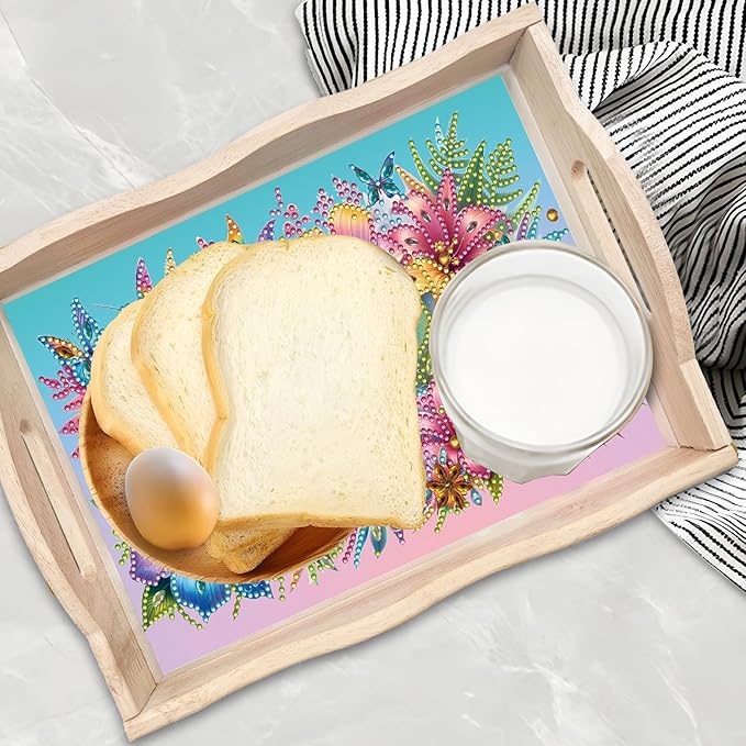 BAYUNOE 2Pcs DIY Diamond Serving Tray Rectangular Breakfast Tray with Handle Handmade Diamond Art Painting Wooden Tray Spring Creative Dinner Plate Coffee Room Living Home Organizer-04