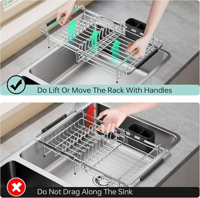 Urackify Dish Drying Rack in Sink - 304 Stainless Steel Expandable (14.5''-18''L) Over The Sink Dish Rack with Utensil Holder, Space-Saving Dish Drainer for Kitchen Counter, Silver