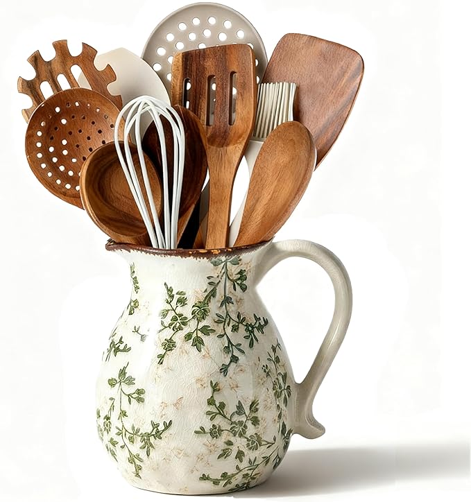 Ceramic Utensil Holder for Kitchen Counter, 6.1 Inch Vintage Farmhouse Rustic Cooking Utensil Holder, Modern Home Decor Countertop Organizer Crock for Flower Pot, Spoons & Kitchen Tools