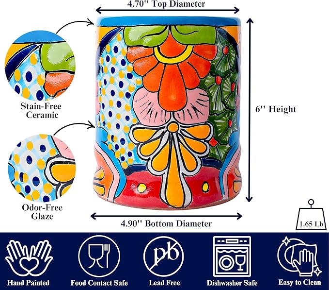Talavera Utensil Holder - Hand Painted Ceramic Spoon Crock - Colorful Utensil Crock - Large Mexican Spoon Rest 6" H (Turquoise)