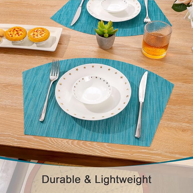 SHACOS Small Round Table Placemats Set of 5 Woven Vinyl Wedge Placemats with Centerpiece Round Table Mats Heat Resistant Wipe Clean (5, Teal Blue)