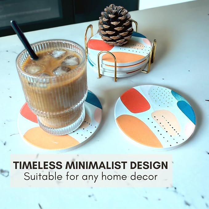 Colorful Ceramic Marble Coasters Set of 6, Cute Moisture Absorbing Coaster, Coffee Table Decor, Stone Absorbent Drink Coasters