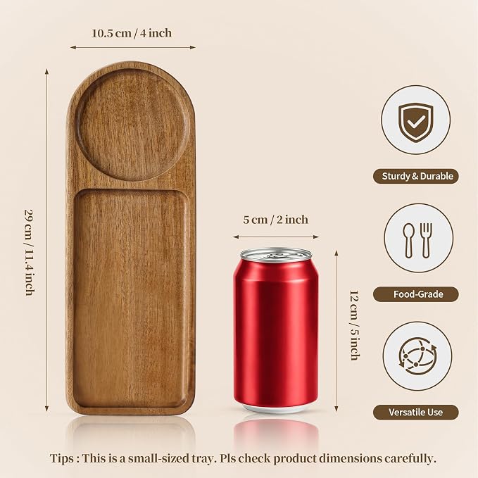 Small Wooden Tray | Acacia Wood Tray for Vanity, Bathroom Counter, Coffee Table & Toilet | Perfect for Jewelry, Remote, Snack| Mini Charcuterie Board Serving Platter (Rounded Rectangle 2-Compartment)